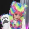 Beanie/Skull Caps Y2K Millennial tie Japanese Harajuku Rainbow Fur Faux Fur Hooded Cat Ear Scarf Gloves Chapeus Feminino Bomber Gorras 230811