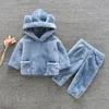 Clothing Sets Cute Baby Boys Girls Coral Velvet Warm Spring Autumn Winter Hoodied Clothes Sets Children Kids Thick Woolen Bear Hoody Suits 230812