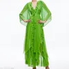 Designer Dress for Seaside Vacation, Ruffled Green Dress, and Elegant with A Long Swing