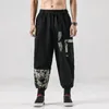 Men's Pants Chinoiserie Casual Cotton Linen -e Printed Belt Retro Harem Haori Baggy Y2K Harajuku Hip Hop