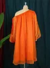 Robes décontractées de base orange lâches Femmes au large de l'épaule Voir à travers les robes surdimensionnées à manches pour les tenues de fête pour femmes avec une doublure 230811