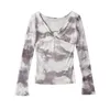 Dames T-shirts Tie Dye Lange mouw V-Neck Mesh Top Shirt met metalen ring Vrouwen vallen Slim bodycon T-shirt 2023 Elegante Y2K Grunge-kleding