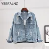 Herrhuvtröja Sweatshirt Denim Jacket Feminin Spring Autumn Boho Sequin Floral Appliques Brodery Coat Långärmad Ytterkläder Kvinna Veste Femme 230812