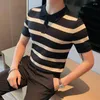 Męski Polos Fashion Classic Top Strited Knited Ice Silk Short Sleeve Polo Shirt Men Summer Light Luksus Europe i Wielka Brytania styl