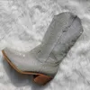 Stövlar enda tillverkare kvinnor knä höga stövlar stövlar glitter bling glänsande västra spetsiga tå block häl pull-on cowgirl booties 230811