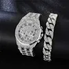 Mode vergulde vrouwen kijkt sieraden set klassiek Rome luxe polshorloge volledige diamantkwarts mannen set horloge en armband