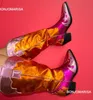 Boots Bonjomarisa Cowboy for Women Mixed Color Metallic Bling Sliver Western Block Heel Slip på 2023 Autumn Winter Shoes 230812