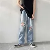 Summer Mens Ripped Jeans Blue Loose Fit Hole Wide-Ben Pants Casual Fashion Trousers Streetwear High Quality Denim Man Clothing HKD230812