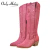 Buty OnlyMaker Women Różowe kolano wysoki błyszcząca błyszcząca błyszcząca palec u stóp obcasowy Western Cowgilr 230812