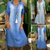 Casual Dresses Denim Dress Turn-Down Neck Half Sleeve Solid Color Summer Leisure Loose Long Women Clothing