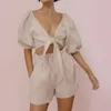 Женские спортивные костюмы женские топы шорты Set Cotton Fashion Ladies Рубашка карман с двумя кусочками повседневные простые рукав с фонаря