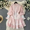 Grundläggande casual klänningar 2024 Autumn Holiday Gorgeous Hollow out broderi klänning kvinnors stand long lykta ärm bandage snörning ruffles sjöjungfrun vestido