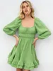 Abiti casual Fruffi verdi vintage Mini abiti da donna elegante collare quadrato in forma e bagliore di cotone alto 2023