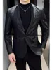 Men's Jackets 2023 Men Suit Black Slim Fit Blazer Hombre PU Leather Jacket Male One Button Business Casual Prom Korean Coat