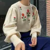 Maglioni femminili vintage o collo ricamato a collo dolce pullover dolce semplice manica sfumato in maglia sciolta