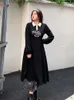 カジュアルドレスブラックヴィンテージ長袖ドレス女性秋のプレッピースタイルポロカラースリムレタープリント韓国ファッションローブ