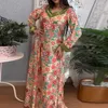 Lässige Kleider weibliche sexy v Hals Lange Partykleid Muslim südostasiatische Heimatblumenmuster Mode Dubai Damen Robe Loose Maxi