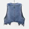 Kvinnors västar våren Nya koreanska denim väst Kvinnor Waistcoat Pärlor V-hals Front Short Back Long Jeans Vests Slim Blue Sleeveless Jacket Kvinna HKD230812