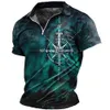 Men's Polos Vintage Polo Shirt For Men 3d Map Printed Golf T-Shirt Compass Zip Polo T-Shirt Summer Quick Drying Oversized Men Clothing Tops 230812