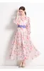 Grundläggande casual klänningar 2024 Autumn Holiday Gorgeous Flower Pink Maxi Dress Women's Long Lantern Sleeve Farterfly Floral Print Belt Pleated Chiffon Vestidos