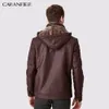 Herenjacks Caranfier Mens Leather Winter Warm Lagen plus dikke bovenkleding Biker Motorfiets Mannelijke klassieke capuchon Faux jas Winddicht 230812