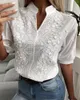 Blouses pour femmes Blouse blanche Femme d'été Mode V-Shape Stand Collier à manches courtes Broderie florale Top dames décontractées Hollow Out Loose