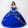 Beautiful Royal Blue Quinceanera Dresses 2023 Spaghetti Straps Puffy Vestidos De 15 Quinceanera Xv Mexican Gold Lace Birthday Mexican Debutante Vestidos 15 anos