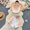 Two Piece Dress Summer New Retro Print Sets Women Stand Collar Single Breasted Short Sleeved Shirt + High Waisted Wide Leg Shorts Two-piece Suits 2024