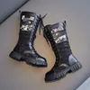 Boots Girls Autumn High Princess Fashion Britse stijl knie single Children denim casual schoenen met tassen 230811