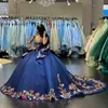 Luksusowe granatowe błękitne błyszczące z ramiączki sukienki Quinceanera Applique koronkowe gorset vestidos de 15 anos przyjęcie urodzinowe suknia balowa