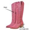 Buty OnlyMaker Women Różowe kolano wysoki błyszcząca błyszcząca błyszcząca palec u stóp obcasowy Western Cowgilr 230812