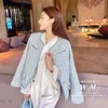 Women's Jackets Elegant Luxury Blue Plaid Tweed Jacket Women Vintage Round Neck Pearl Button Design Short Coat Korean Fashion Chaqueta 2023 230811