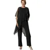 Chic Black Chiffon Mother of the Bride Suits Asymmetrical Simple Wedding Gästklänningar Juvel Neck Slits ärmar Brudgum Mamma Formell parti