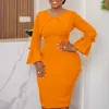 Casual jurken Design African Autumn Women Chic MIDI Jurk Solid Color Turn Down Collar Flare Sleeve Slim Bodycon Office Lady Pencil