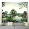 Tapissries Park Natural Landscape Tapestry River Pavilion Green Plants Flowers Chinese Style Landscape Decoration Home Wall Tapestry R230812