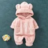 Clothing Sets Cute Baby Boys Girls Coral Velvet Warm Spring Autumn Winter Hoodied Clothes Sets Children Kids Thick Woolen Bear Hoody Suits 230812