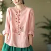 Blouses pour femmes 2023 Spring Summer Round Round manche à manches longues Coton Broidered Bouton de style chinois