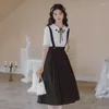 Work Dresses Korean Sweet Retro Two Piece Set Women Summer Black Bow Cute Lace Doll Collar Tops French Vintage Strap Skirt