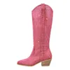 Buty OnlyMaker Women Różowe kolano wysoki błyszcząca błyszcząca błyszcząca palec u stóp obcasowy Western Cowgilr 230812