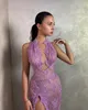 Sexy Lavender Evening Dresses Beading Beads Lace Halter Party Prom Dress Split Formal Long Red Carpet Dress for special occasion