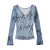 Dames T-shirts Tie Dye Lange mouw V-Neck Mesh Top Shirt met metalen ring Vrouwen vallen Slim bodycon T-shirt 2023 Elegante Y2K Grunge-kleding