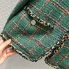 Europeiska och amerikanska kvinnokläder 2023 Autumn New Round Neck Long Sleeve Green Plaid Fashion Tweed Jacket