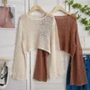 Blouse gebreide blouse top vrouwen van dames flare mouw solide hol uit dames tops Koreaanse stijl zomer o-neck losse kleding pullover