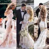 Szampanowe długie rękawy sukienki ślubne koronkowe aplikacje 2021 Sweet pociąg Scoop Neck Illusion Country Wedding Suknia Vestido de N281Y