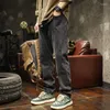 Мужские джинсы американский хип -хоп штаны модный бренд винтаж вымытый синий растяжка.