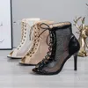 Laarzen Stiletto High Heels Summer Boots Women Dames Mesh Net Boots Peep Teen Shoes Woman Cross gebonden naakt enkellaarzen 230811