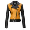 Women's Leather Yellow Black Color-block Short Jacket Cool Girl Lapel Zipper Motorcycle Suit