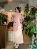 Рабочие платья 2023 Корейская версия сплошной моды повседневная двойная двухбортная пиджака для пиджака V-образного выявления платье с двумя частями