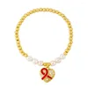 Strand koppar guldpärlor pärla elastisk kedja inlagd zirkonhjärtarmband för kvinnor färgglada emaljband mönster armband smycken gåva