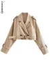 Herrhuvtröja Sweatshirt's Croped Trench Khaki Lapel Collar Jackets Coat Kvinnlig lång ärm med bältes singelknapp Kortjacka Spring Streetwear 230812